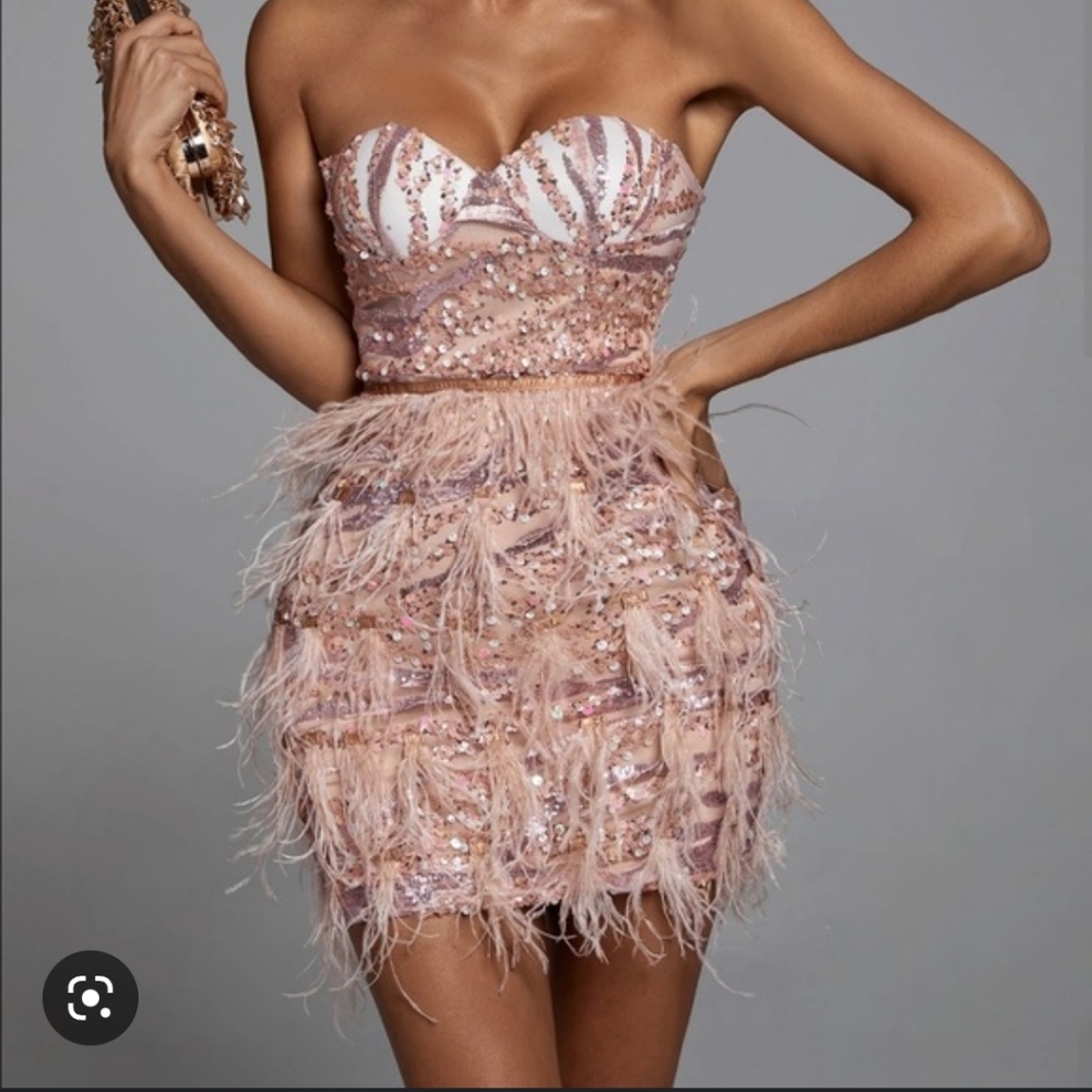 Bella Barnett Lalia pink sequin feather mini dress